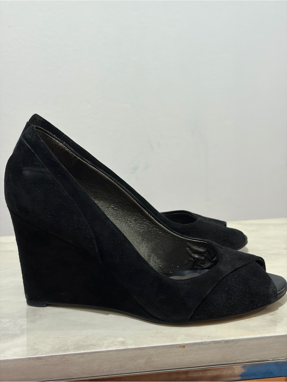 Banana Republic Black Suede Peep-Toe Wedge Heels 7.5